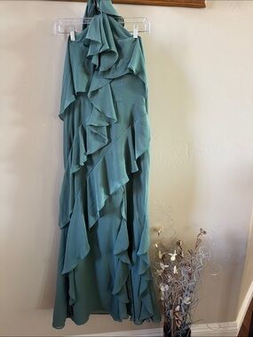 Azazie Haltered Teal Ruffled Maxi Dress